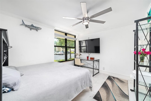 bedroom featuring ornamental molding, marble finish floor, ceiling fan, and baseboards