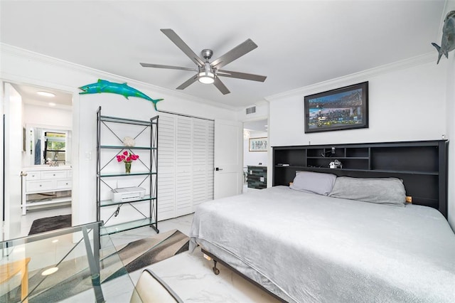 bedroom with ceiling fan, visible vents, and crown molding