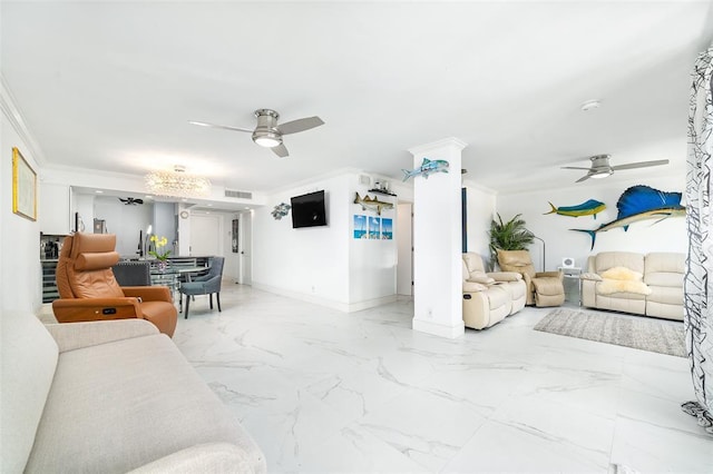 living room with a ceiling fan, visible vents, marble finish floor, and crown molding