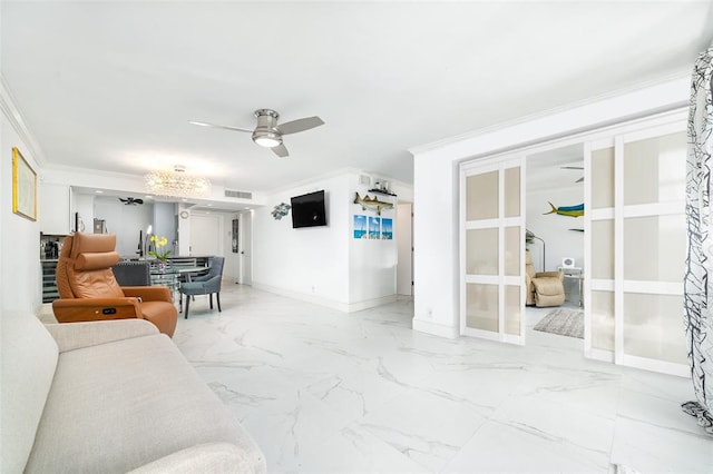 living room featuring marble finish floor, crown molding, visible vents, a ceiling fan, and baseboards