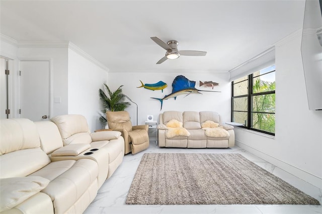 living room with marble finish floor, a ceiling fan, and crown molding