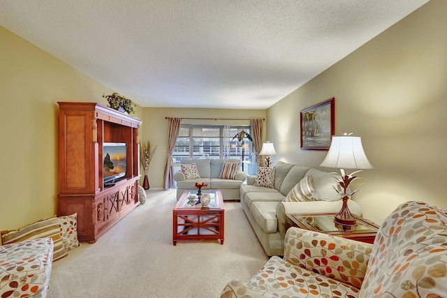 carpeted living room featuring a textured ceiling