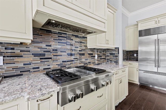 kitchen with tasteful backsplash, ornamental molding, dark wood-style flooring, custom exhaust hood, and stainless steel appliances