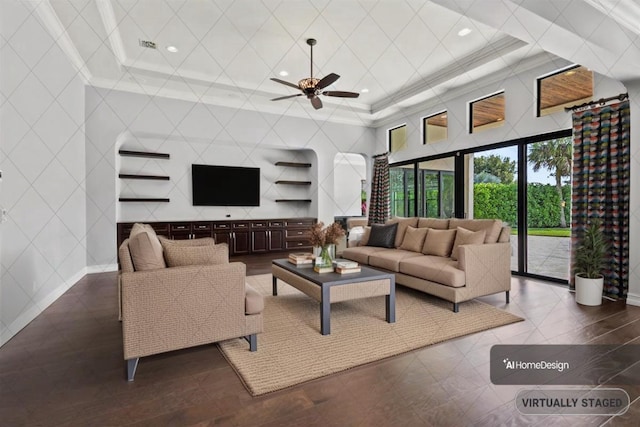 living room featuring ceiling fan, ornamental molding, baseboards, and recessed lighting