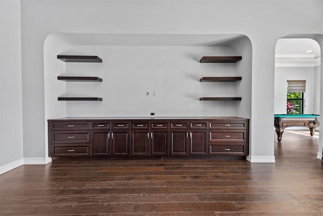 bar with billiards, baseboards, and dark wood-type flooring