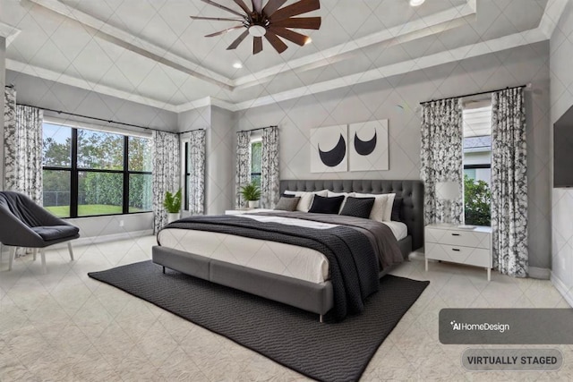 bedroom with crown molding, tile patterned flooring, a towering ceiling, and baseboards