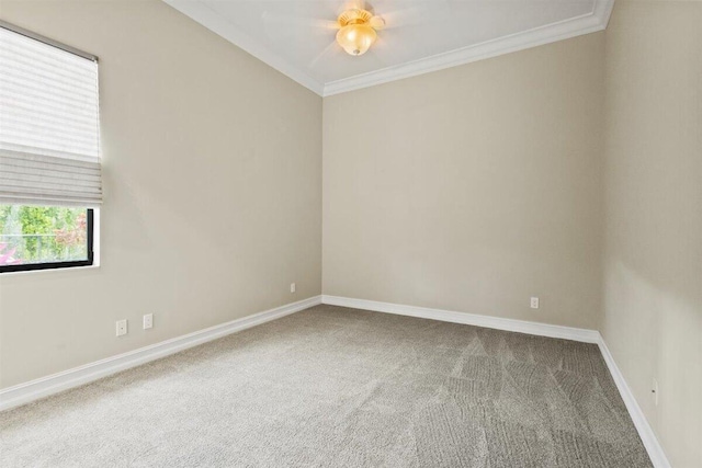 carpeted spare room featuring baseboards and ornamental molding