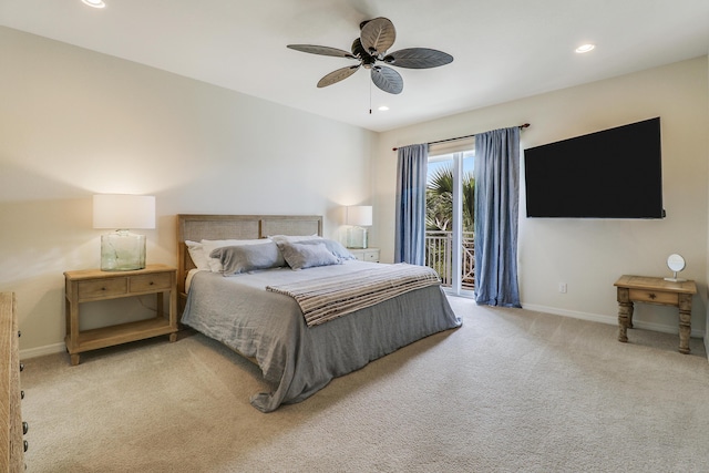 bedroom featuring light carpet, ceiling fan, and access to outside