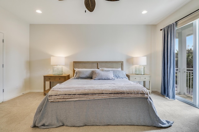 bedroom with light carpet, ceiling fan, and access to outside