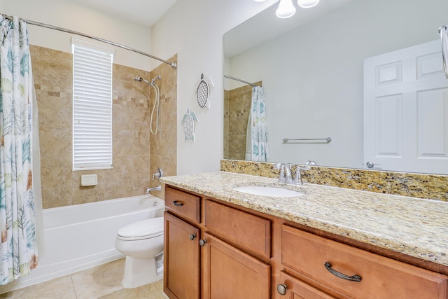 full bathroom with toilet, vanity, tile patterned flooring, and shower / bath combo with shower curtain