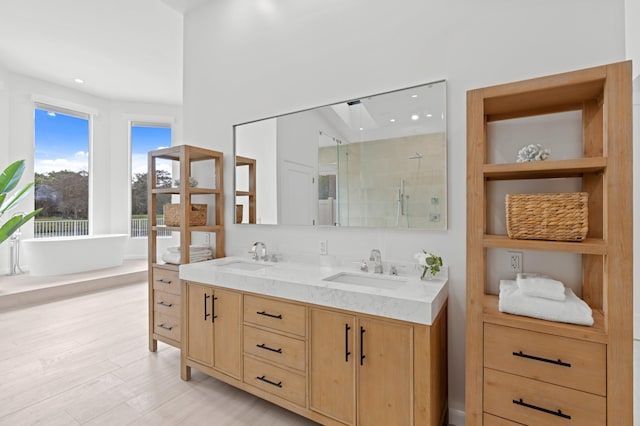 full bath featuring double vanity, wood finished floors, a sink, and a shower stall