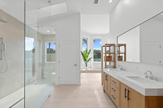 full bath featuring a sink, a shower stall, and double vanity