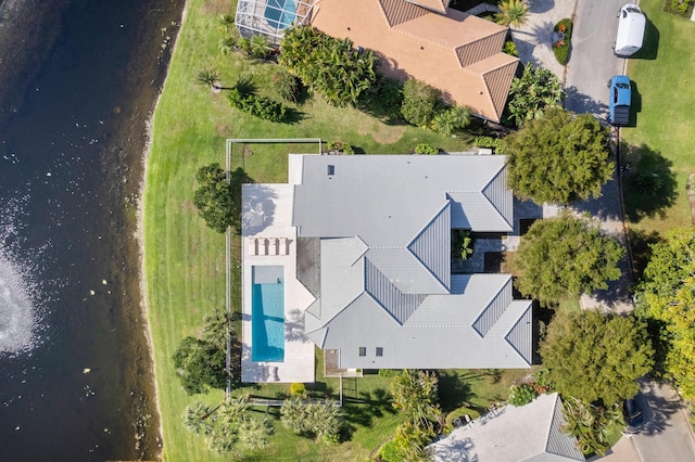 aerial view featuring a water view