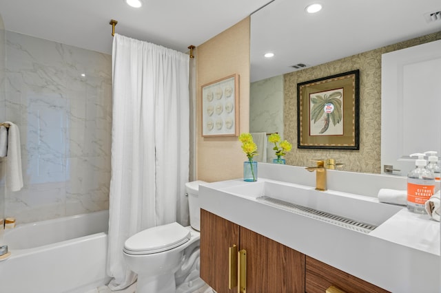 full bathroom featuring shower / bath combination with curtain, recessed lighting, visible vents, and vanity