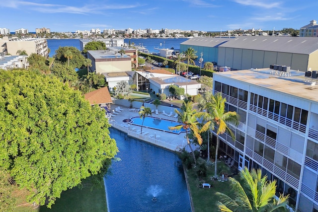 drone / aerial view with a water view