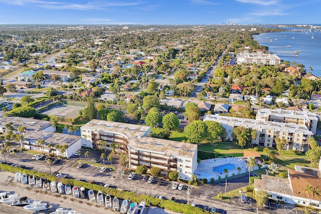 bird's eye view with a water view