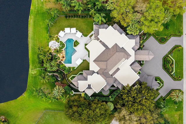 aerial view featuring a water view