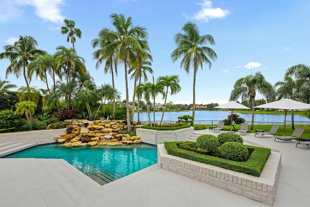 view of swimming pool featuring a patio, a water view, and a fenced in pool