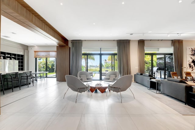 dining room featuring rail lighting and plenty of natural light