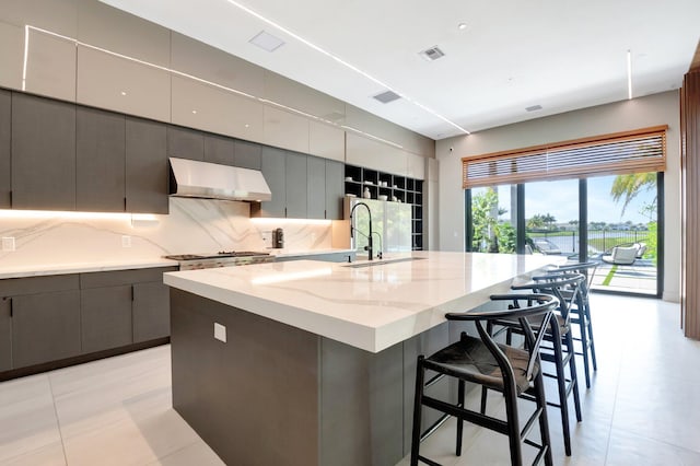 kitchen featuring visible vents, decorative backsplash, gray cabinets, under cabinet range hood, and a sink