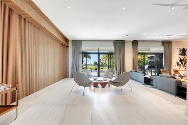 sitting room with wood walls and track lighting