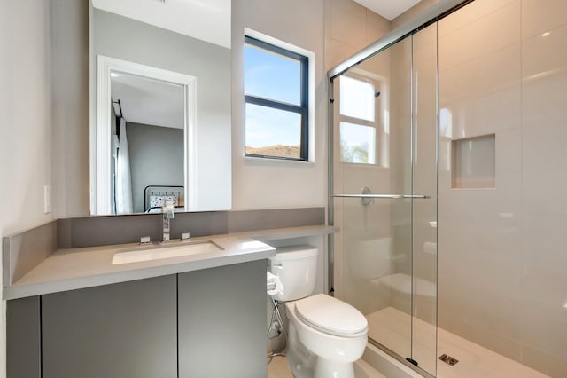 bathroom with vanity, a shower stall, and toilet