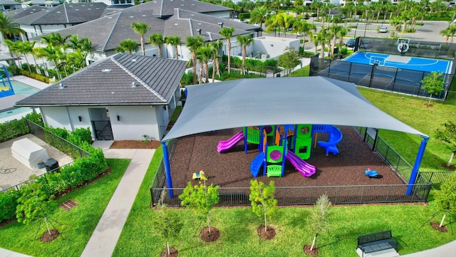 birds eye view of property with a residential view