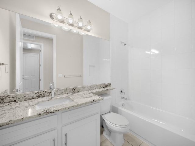 full bath with shower / bath combination, visible vents, toilet, tile patterned flooring, and vanity