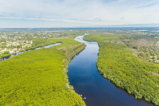 birds eye view of property featuring a water view and a view of trees