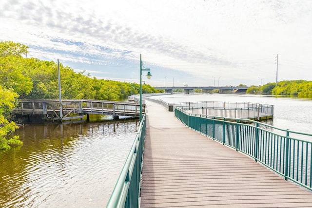 dock area with a pier and a water view