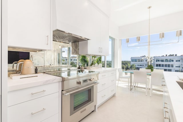 kitchen featuring decorative backsplash, stainless steel electric range oven, white cabinets, and extractor fan