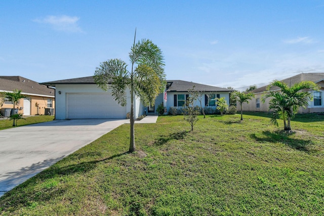 ranch-style house with a front lawn, a garage, and cooling unit