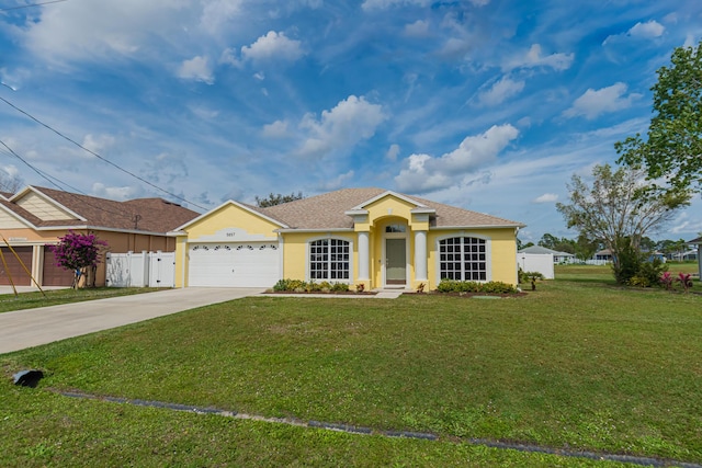 view of front of home with an attached garage, driveway, a front yard, and stucco siding