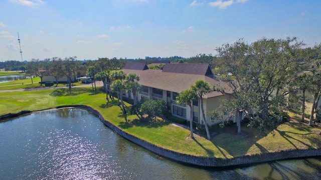 drone / aerial view featuring a water view