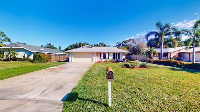 ranch-style house featuring a front yard and a garage