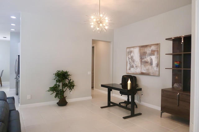 tiled office featuring baseboards, recessed lighting, and a notable chandelier