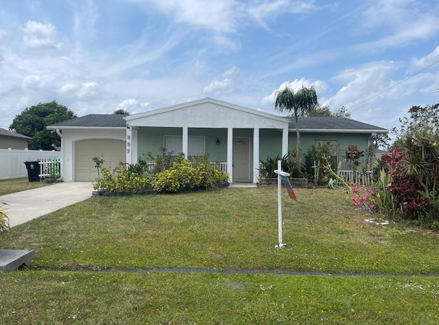 single story home featuring fence, a front lawn, driveway, and a garage