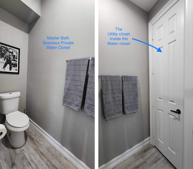 bathroom featuring toilet, baseboards, and wood finished floors