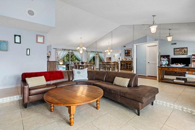 living room featuring baseboards, visible vents, a chandelier, light tile patterned floors, and lofted ceiling