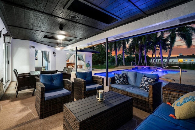 view of patio featuring outdoor dining area, a fenced in pool, an outdoor living space, a ceiling fan, and fence