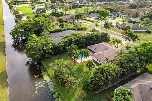 aerial view with a water view and a residential view