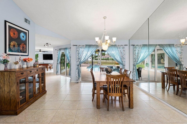 dining space featuring visible vents, light tile patterned flooring, and a notable chandelier