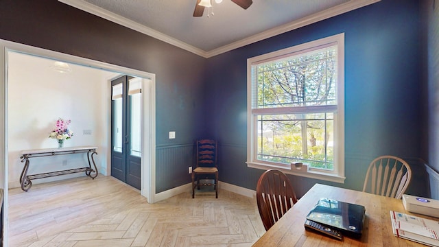 office featuring ceiling fan, crown molding, and light parquet floors