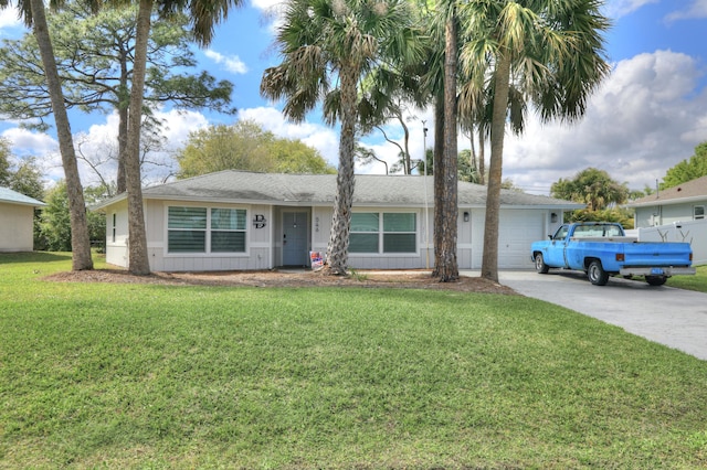 ranch-style house featuring a garage, concrete driveway, and a front yard