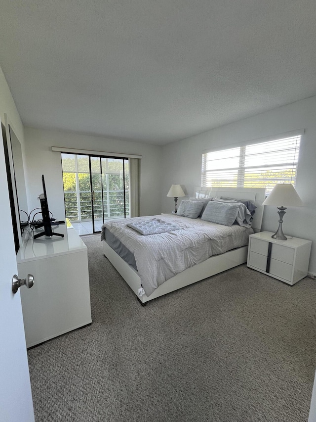 carpeted bedroom with multiple windows, access to outside, and a textured ceiling