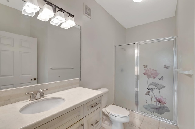 full bathroom with a stall shower, visible vents, vanity, and tile patterned floors