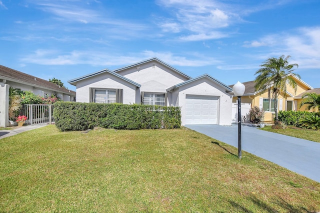 ranch-style home with an attached garage, fence, driveway, stucco siding, and a front lawn