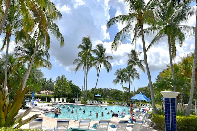 view of swimming pool with a patio area