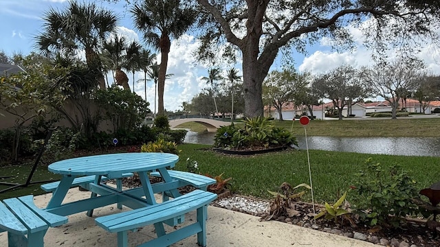 surrounding community featuring a yard and a water view