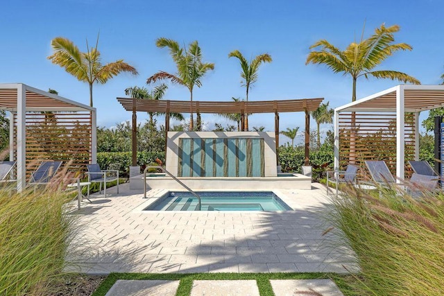 view of swimming pool with a patio area, a community hot tub, a pergola, and a pool